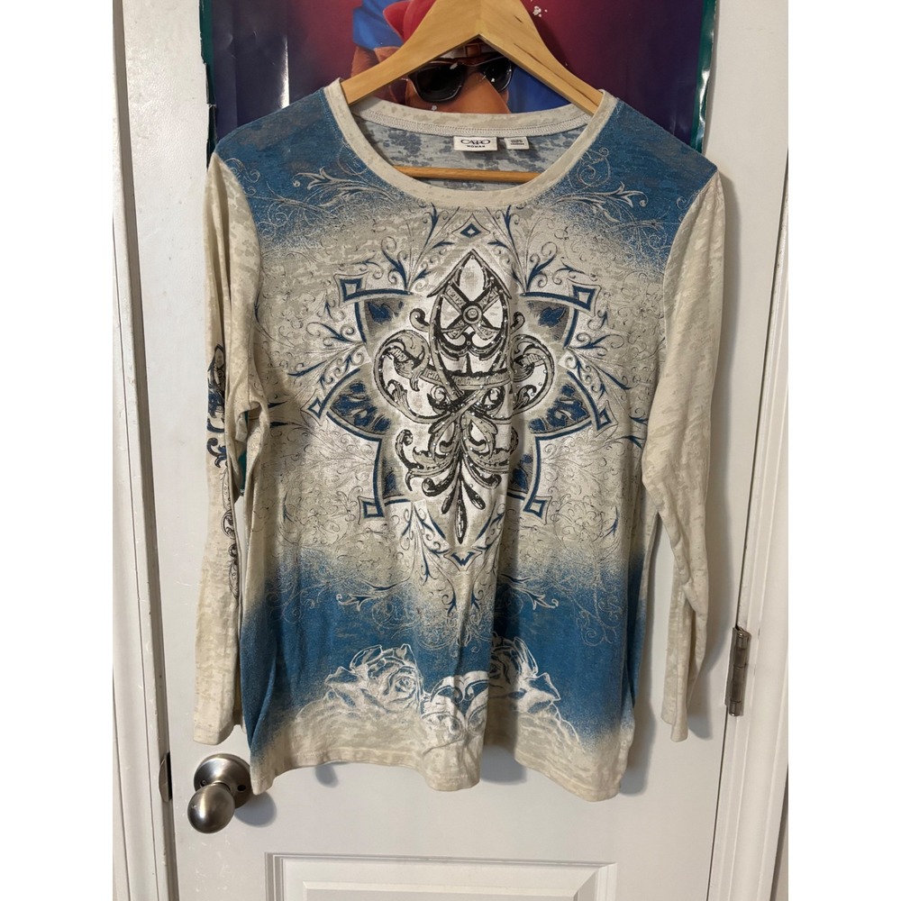 Cato Woman Blue Ombre Fleur De Lis Graphic Rhinestone Burnout Top 14/16W